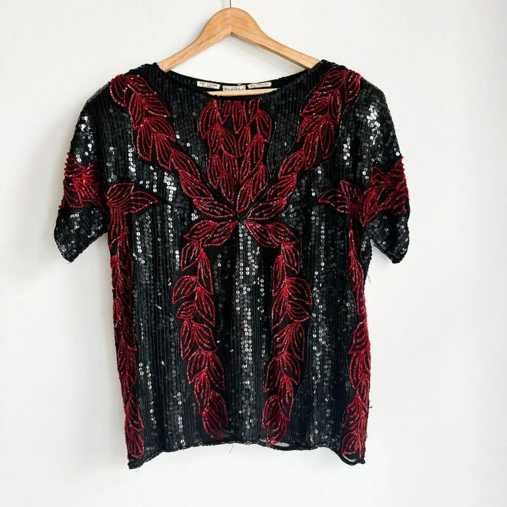 Vintage Frank Usher Silk Black Red Fully Beaded Cocktail  Top L